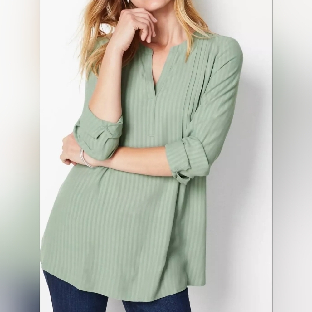 J Jill Women Size XL Petite Pintucked Popover Tunic Mineral Green